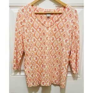 Chico's V Neck 3/4 Sleeve Top‎ Womens Size M Orange Pattern Geometric Print
